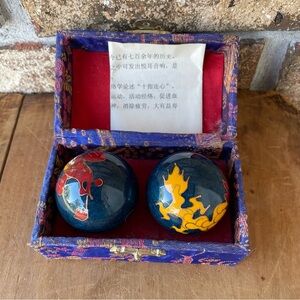 Baoding Balls Chinese Dragon & Phoenix Cloisonné Original Box & Directions